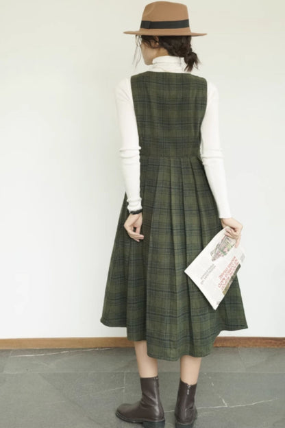 Plaid Wool Midi Dress - Sleeveless Fit and Flare Silhouette 5414