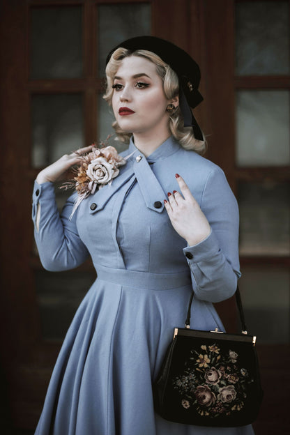 Blue Wool Fit & Flare Dress - 50s Vintage Long Sleeve | Xiaolizi 2749