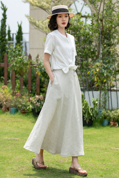 Beige Swing Linen Midi Wrap Skirt 5201