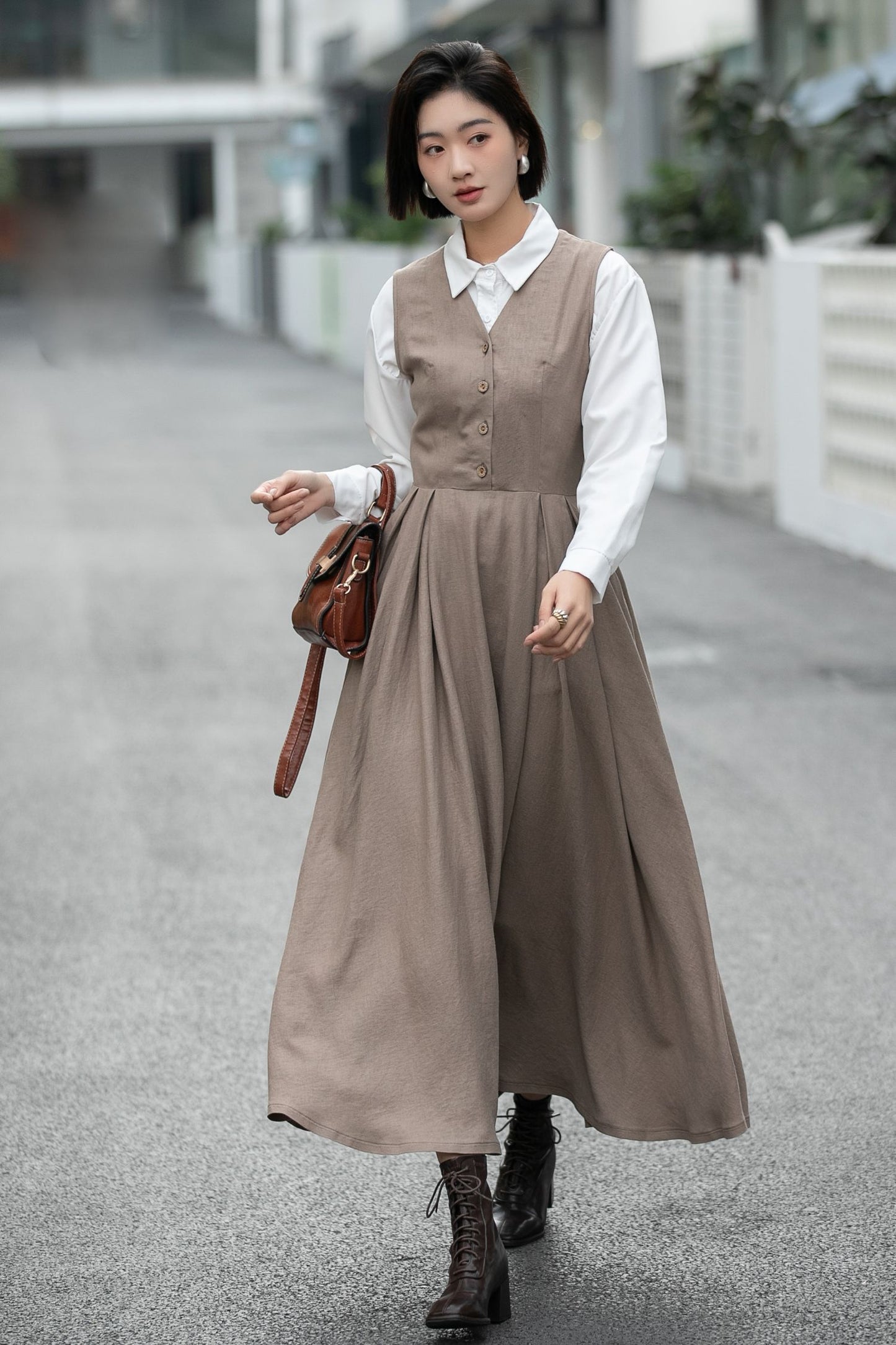 Handmade Linen Cotton Pinafore Midi Dress – Vintage Sleeveless Layering Dress 6657