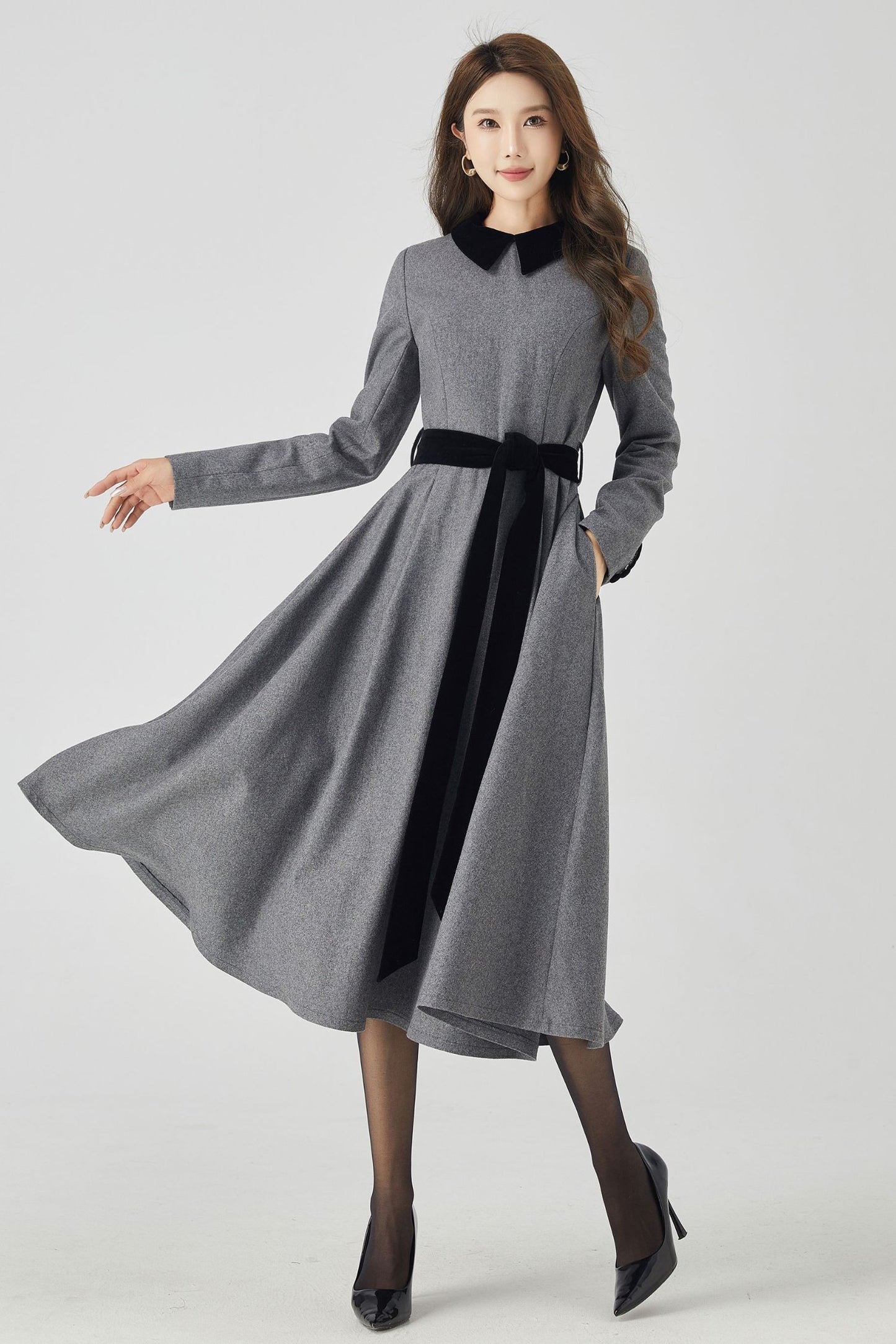 Gray Swing Fit and Flare Wool Dress 4524