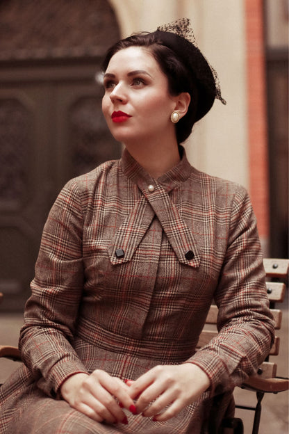 Brown Wool Plaid Dress - 1950s Fit & Flare Knee Length | Xiaolizi 2448