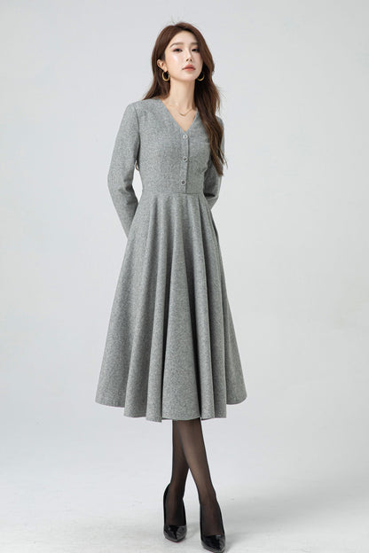 Gray Wool Midi Dress - Fit and Flare V-Neck Swing Silhouette 5304