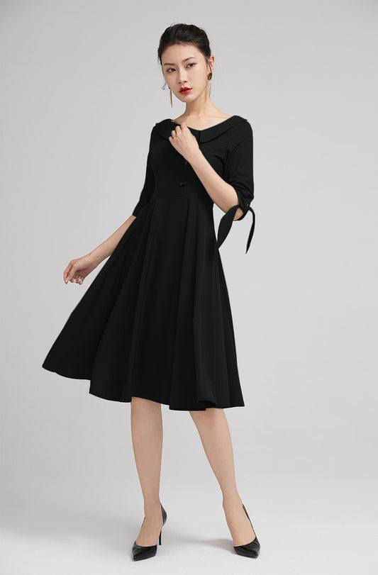 Xiaolizi Black Swing Dress – Vintage Lapel Collar Knee Length Cocktail Dress 6348