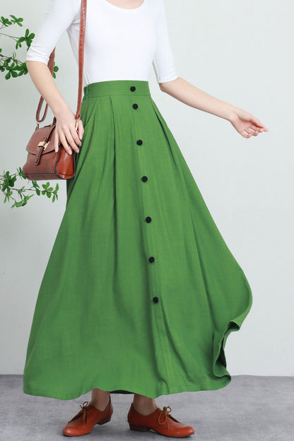 Green Cotton Linen Maxi Skirt - Button Down Pleated Design 5732