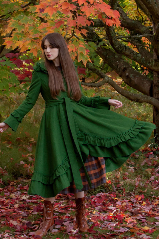 Green Hooded Swing Wool Coat 4046