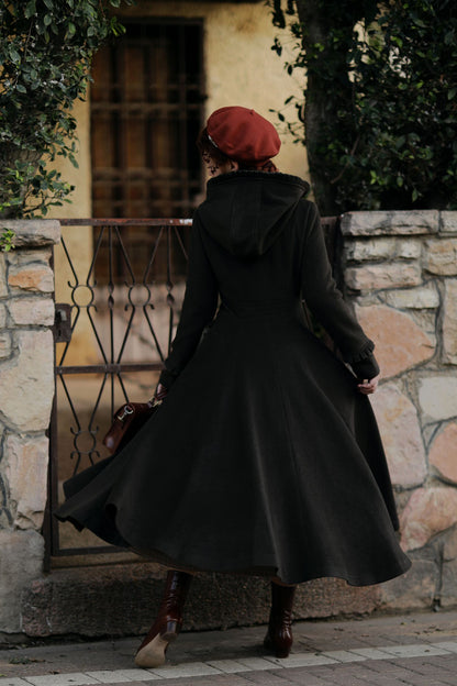Dark Moss Green Hooded Wool Coat for Women – Fit & Flare Long Winter Jacket 3267