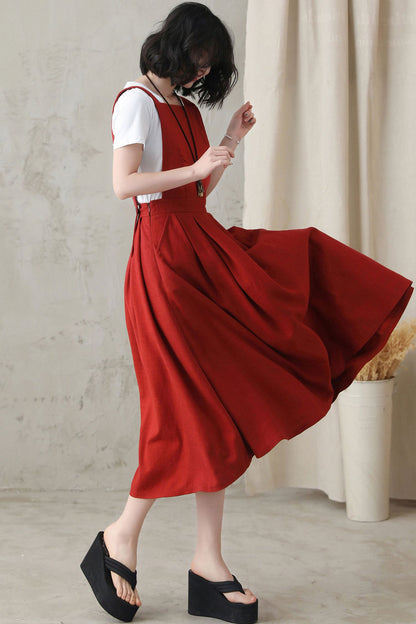 Red Linen Midi Pinafore Dress - Pleated Swing, Square Neckline 2823