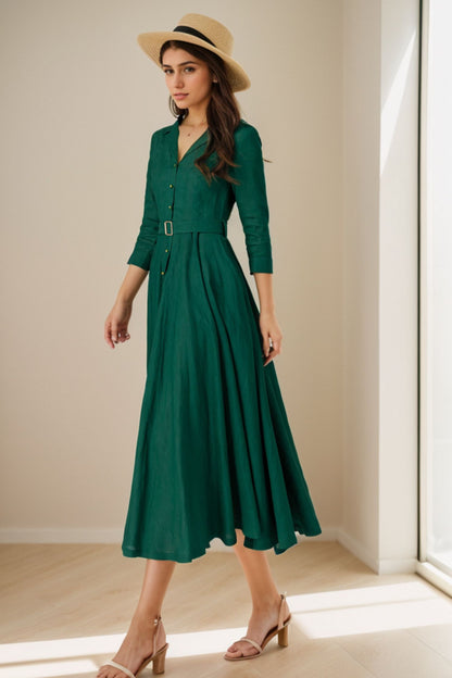 1950s Green Linen Shirt Dress – Women’s Midi Belted Summer Dress 5127
