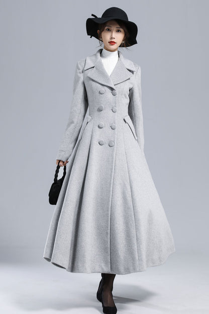 Light Gray Wool Coat – Elegant Double-Breasted Fit and Flare Winter Overcoat 3236