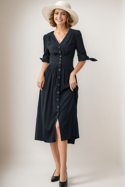 Black midi linen dress with V neckline 5129