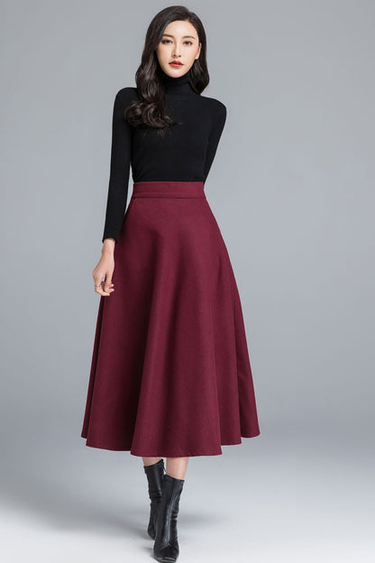 Burgundy Wool Midi Skirt – Vintage A-Line Winter Skirt with Pockets 2490