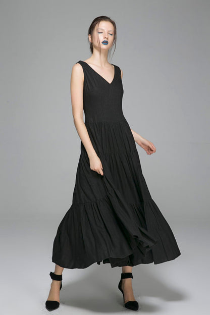 Black Linen Maxi Dress - Sleeveless V-Neck Formal | Xiaolizi 1404