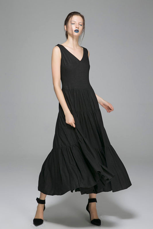 Black Linen Maxi Dress - Sleeveless V-Neck Formal | Xiaolizi 1404