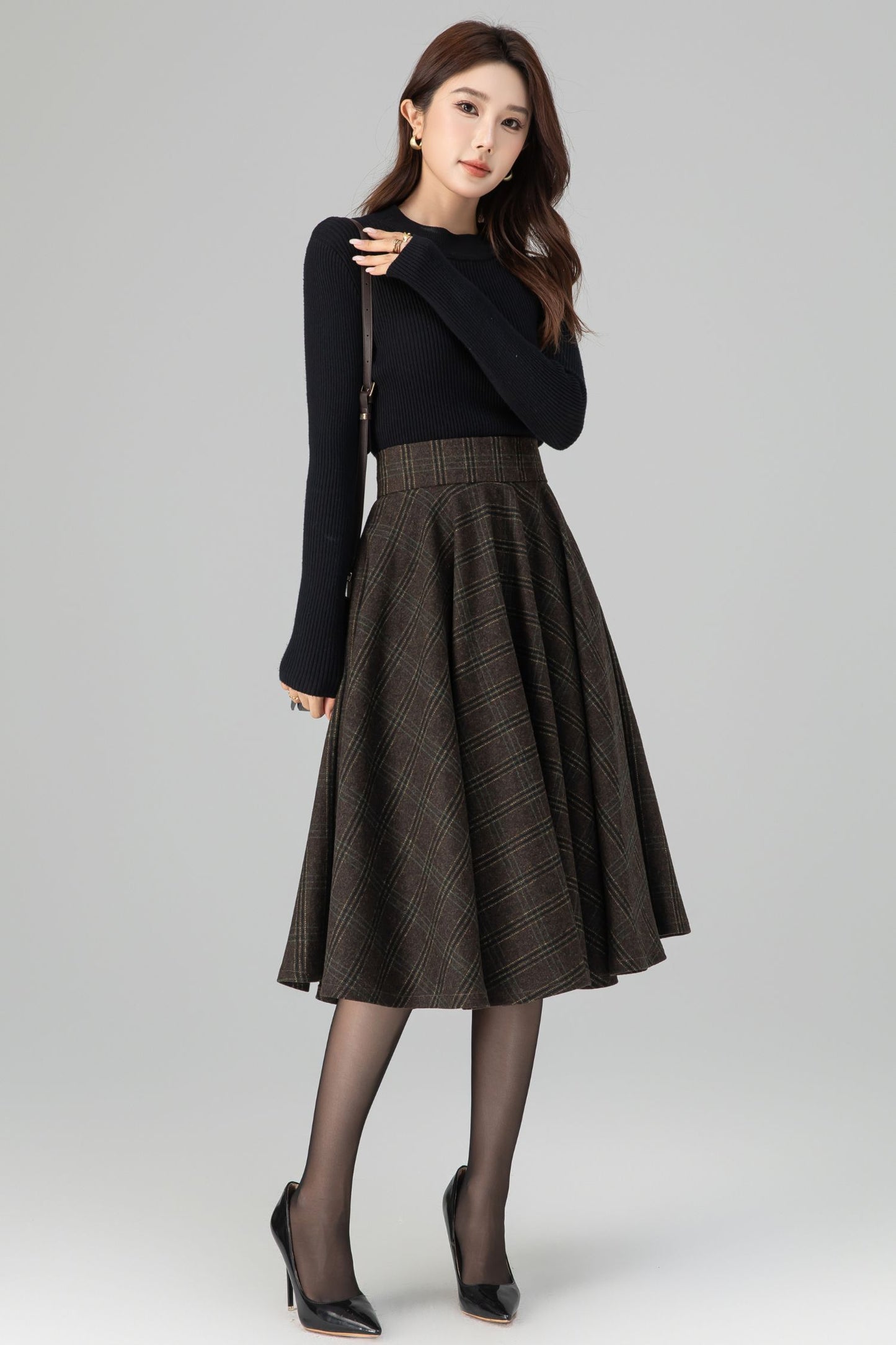 Classic Plaid Midi Skirt Dark Brown Wool – High-Waisted Circle – 6396