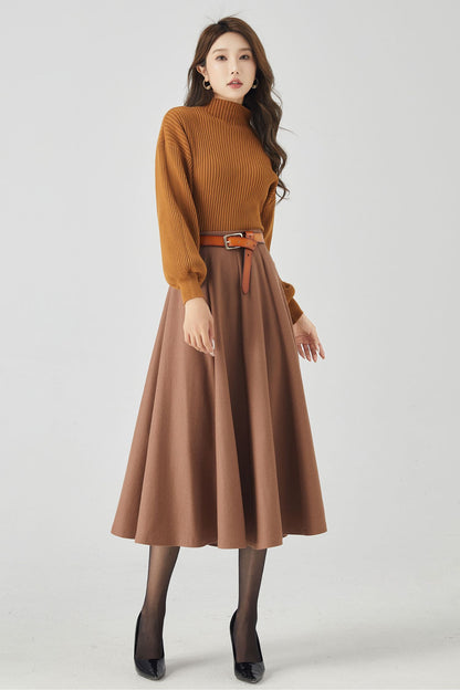 Vintage Swing Wool Skirt – Handcrafted Brown High Waist Midi Skirt for Autumn and Winter 4535