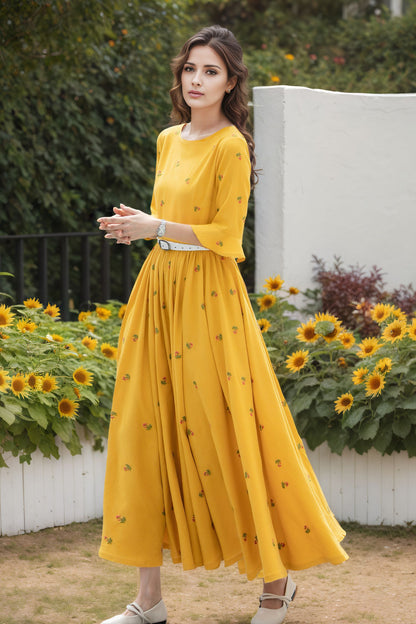 Yellow Linen Dress - Floral 3/4 Sleeve | Xiaolizi 6720