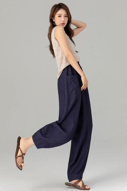 Navy Linen Cotton Wide Leg Pants - Lantern Silhouette with Pockets 4907