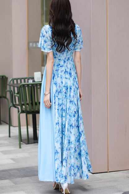 Blue Floral Chiffon Maxi Dress - V-Neck, Short Swing Sleeves 5016