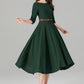 Handmade Green Linen Cotton Midi Dress – Classic Fit & Flare with Pockets 5580