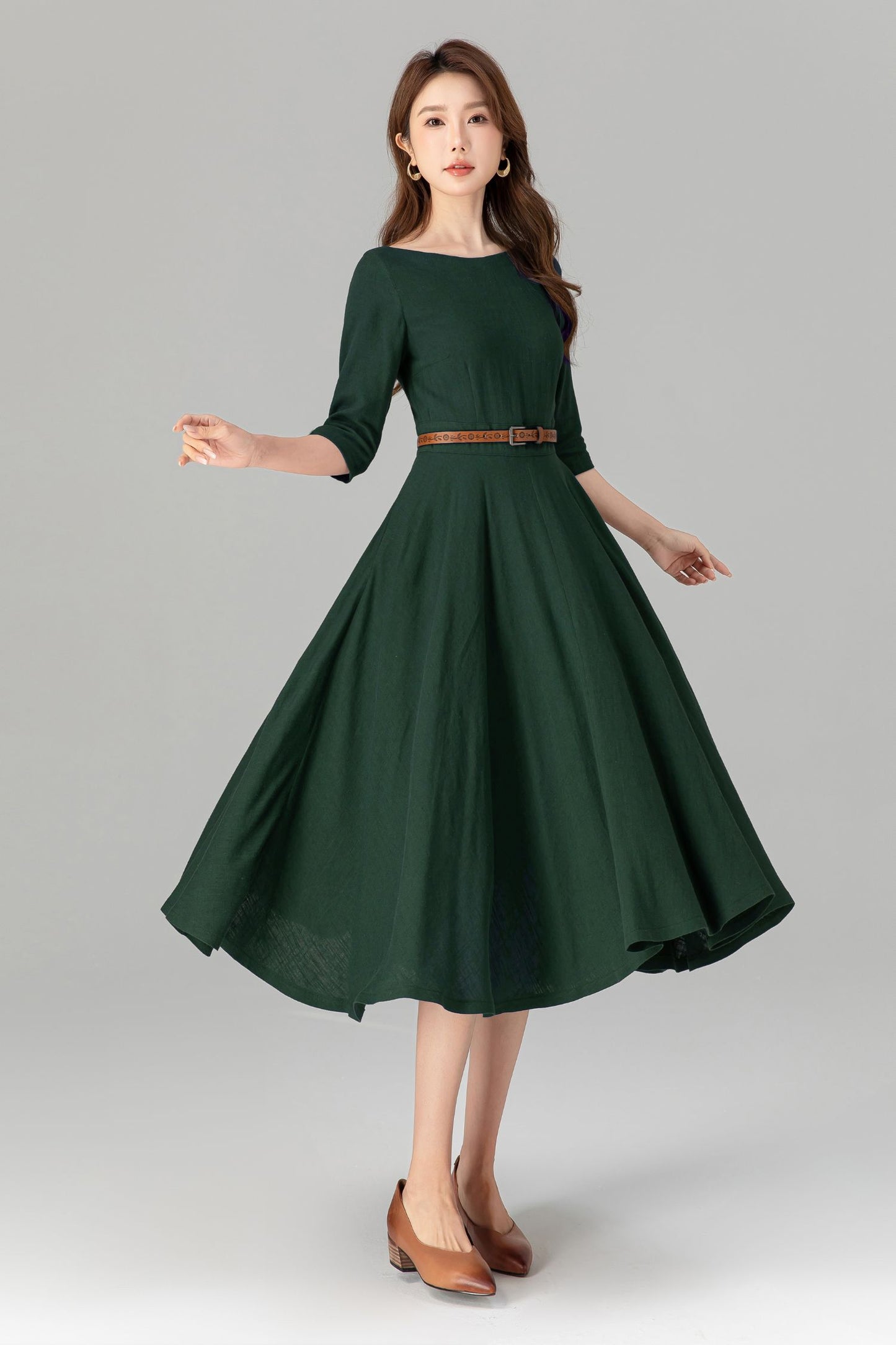 Handmade Green Linen Cotton Midi Dress – Classic Fit & Flare with Pockets 5580
