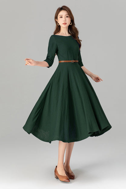 Emerald Green Linen Midi Dress – Handmade Fit & Flare Work Dress with Pockets | Xiaolizi 5580