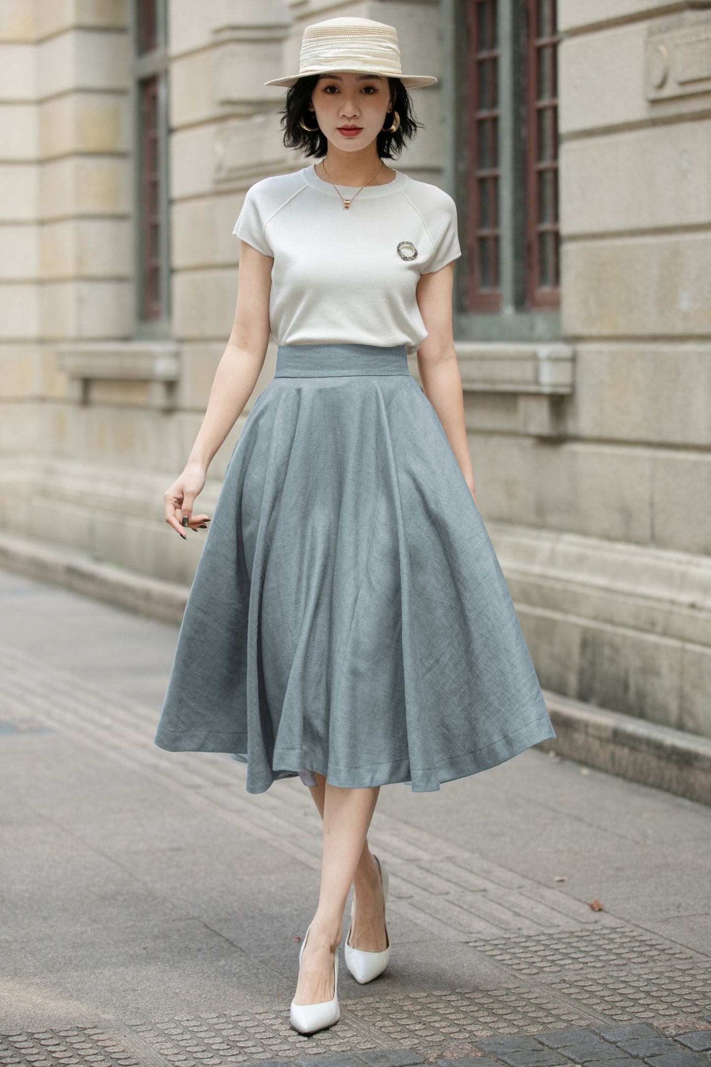 Handmade Linen Circle Skirt – High Waist Pleated Midi Skirt for Spring Summer 6711