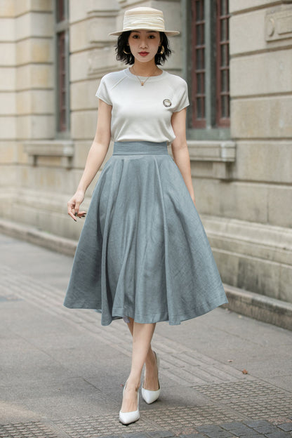 Handmade Linen Circle Skirt – High Waist Pleated Midi Skirt for Spring Summer 6711