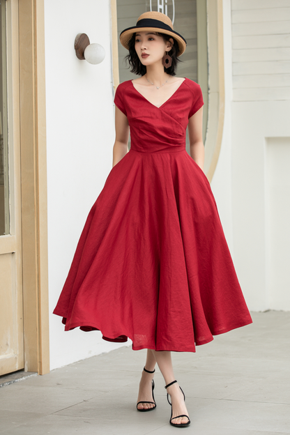 Red Linen Midi Dress - Fit and Flare A-Line with V-Neck 5831