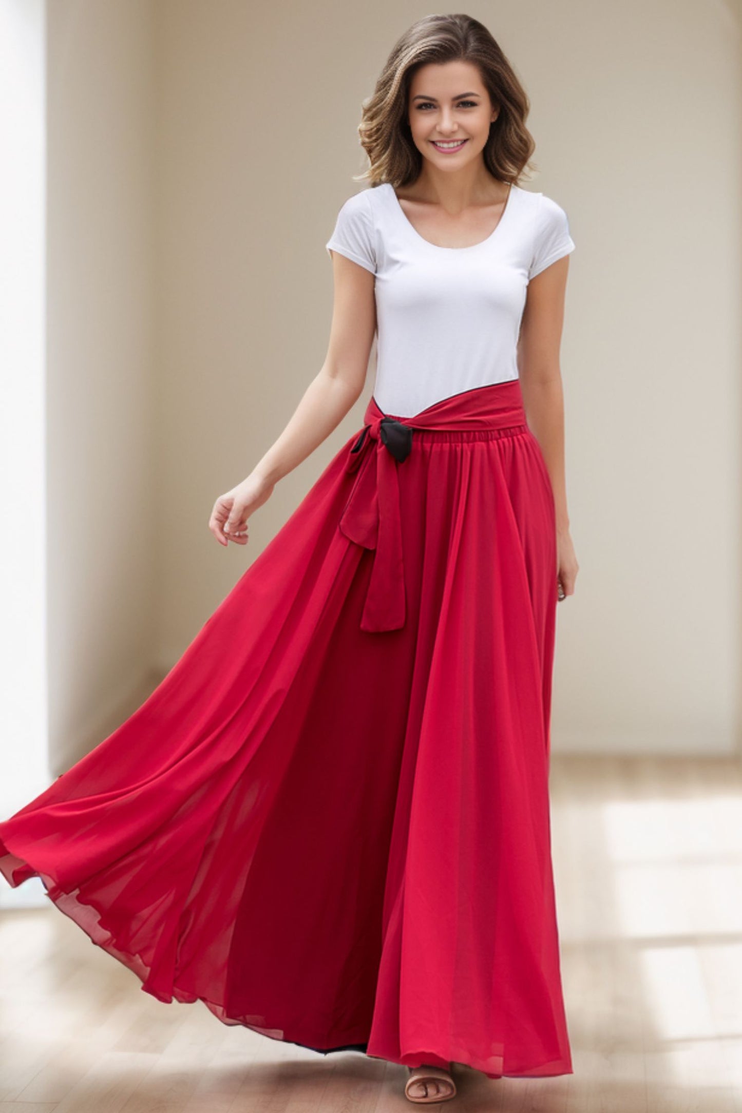 Black Long Chiffon Maxi Skirt Women 5130