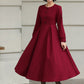 Handmade Vintage Wool Dress – Burgundy Fit and Flare Midi Dress for Winter 6612