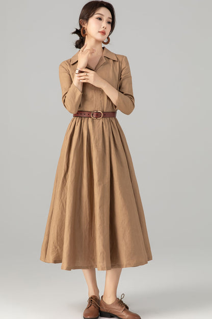 Khaki Linen Midi Shirt Dress - Pleated Fit and Flare Elegance 5707