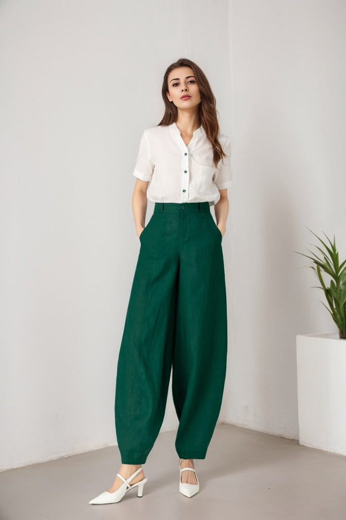 Green Linen Cotton Loose Wide Leg Pants - High Waist Relaxed Fit 5901