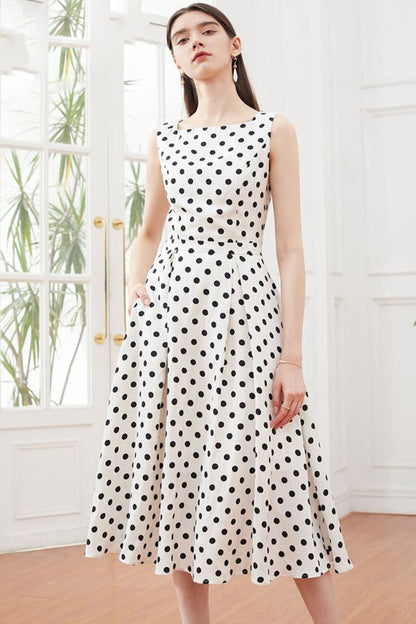 Black & White Linen Dress - Sleeveless Polka Dot A-Line Midi 5140