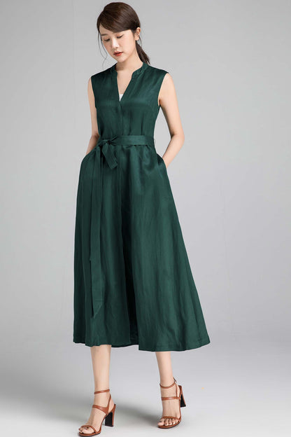 Green Linen Sleeveless Maxi Dress - A-Line with Self-Tie Belt 2333
