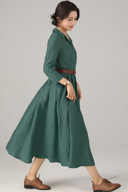 Green Linen Midi Shirt Dress - Fit and Flare Silhouette 5720
