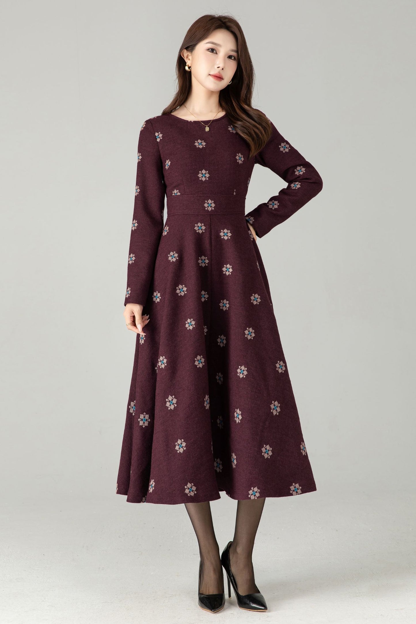Burgundy Embroidered Wool Midi Dress – Fit & Flare Winter Swing Dress | Xiaolizi 6569