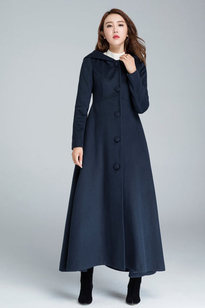 Handmade Blue Wool Coat – Vintage Inspired Hooded Maxi Overcoat 1637