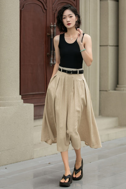 Pleated midi beige linen skirt with pockets 5237