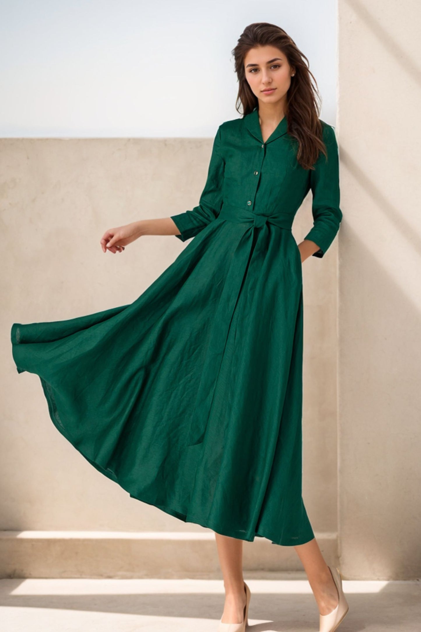 Green swing linen shirt dress for women 5122