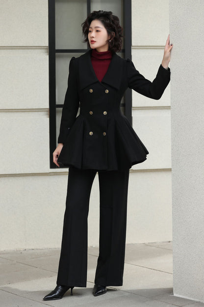 Xiaolizi Burgundy Wool Coat for Women – Handmade Double-Breasted Peplum Winter Coat 6616