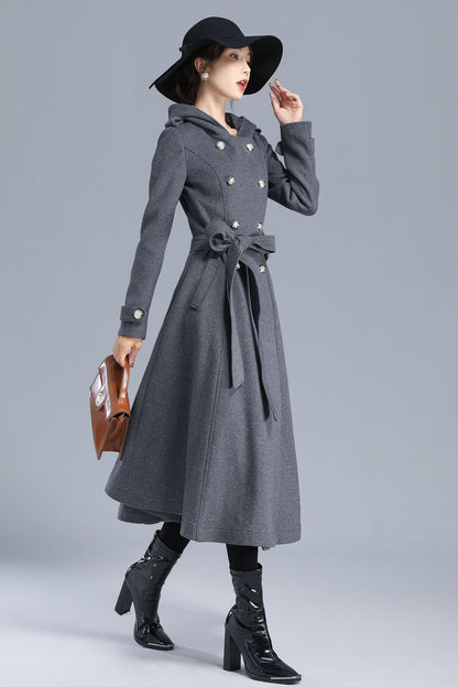 Gray Wool Coat Midi with Hood - Double Breasted Military Style 3213