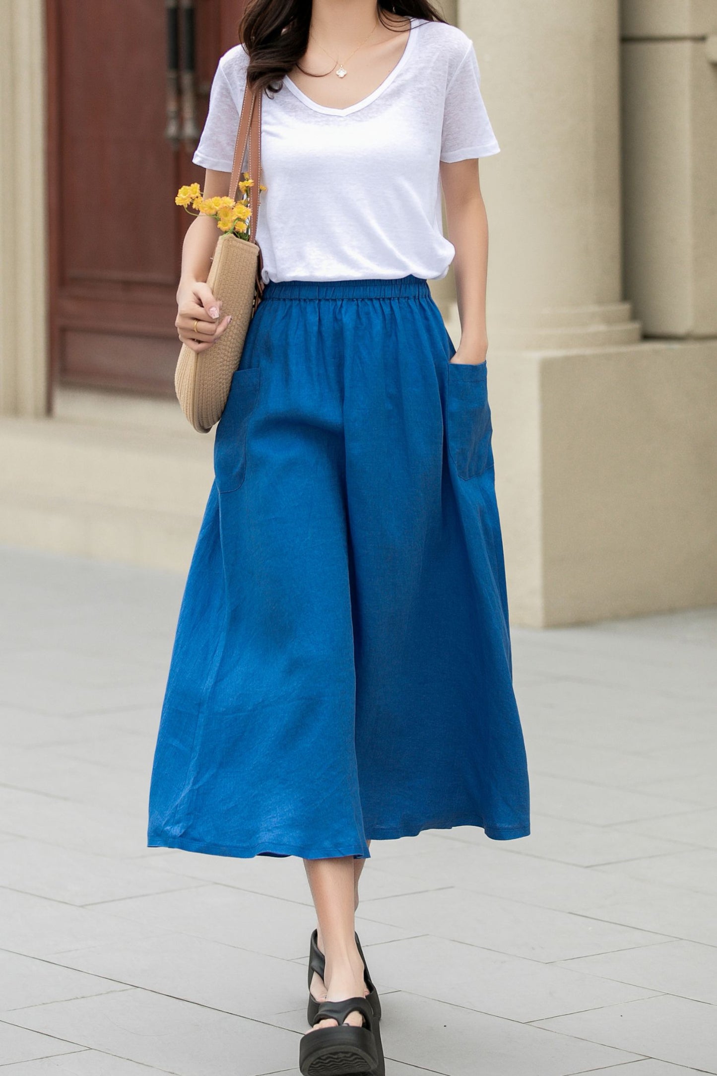 A line blue summer midi skirt with pockets 4956