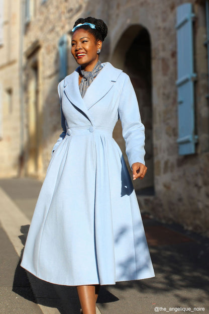 Vintage-Inspired Blue Wool Coat – Handmade 1950s Princess Midi Coat | Xiaolizi 2407