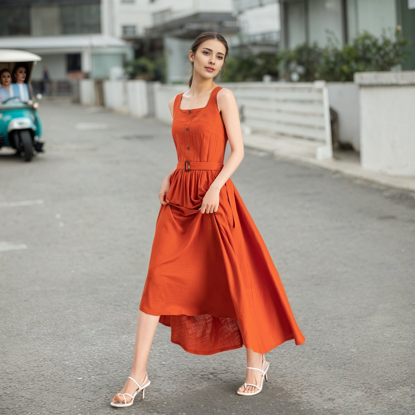 Orange Linen Blend Dress - Square Neck Midi | Xiaolizi 6724