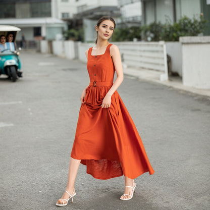 Orange Linen Blend Dress - Square Neck Midi | Xiaolizi 6724