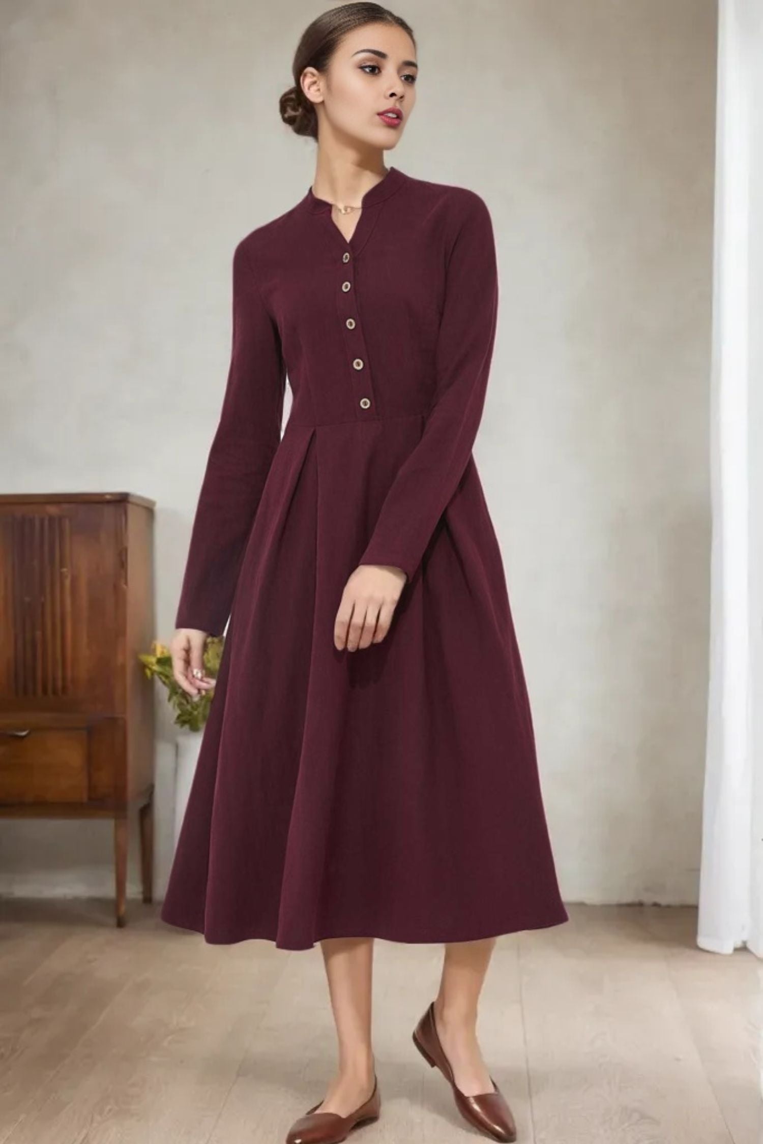 Burgundy Linen Midi Dress with Button Front and Pleated A-Line Silhouette – Xiaolizi