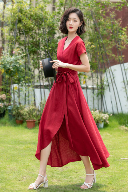 Short sleeve Burgundy Linen Wrap dress 5202