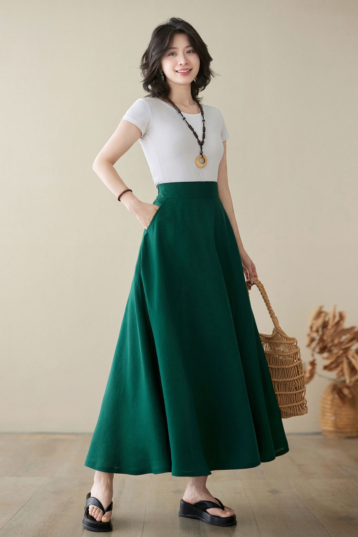 Green Linen Maxi Skirt with pockets 4974