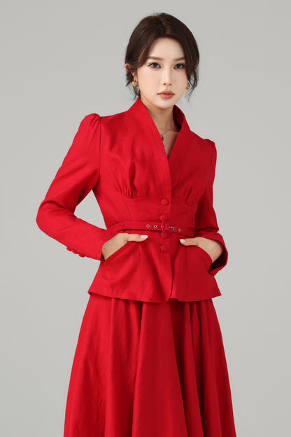 Linen Two-Piece Set - Vintage Blazer & Circle Midi Skirt | Xiaolizi 5759